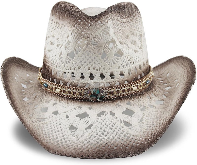 Foeran Men's Women's Straw Cowboy Hat Cowgirl Woven Sun Hat Western Cowboy Hat Two Decorative Bands - Image 2